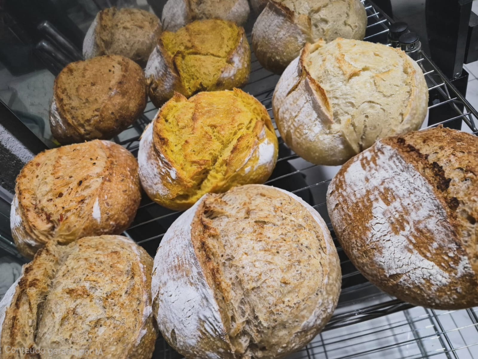 Pães artesanais recém-saídos do forno sobre mesa de madeira