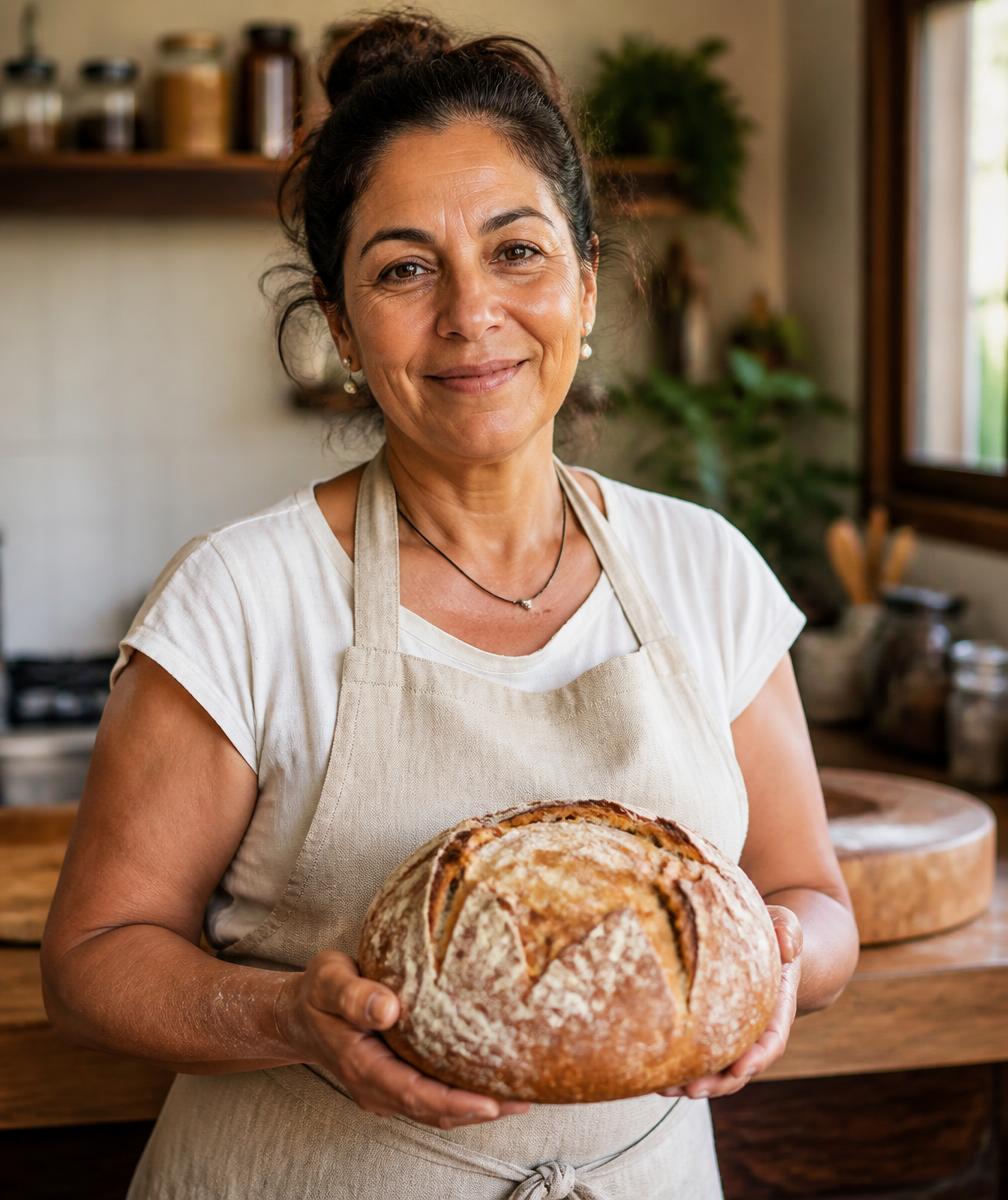 Luciane, a Lulu, segurando um pão artesanal na cozinha de casa