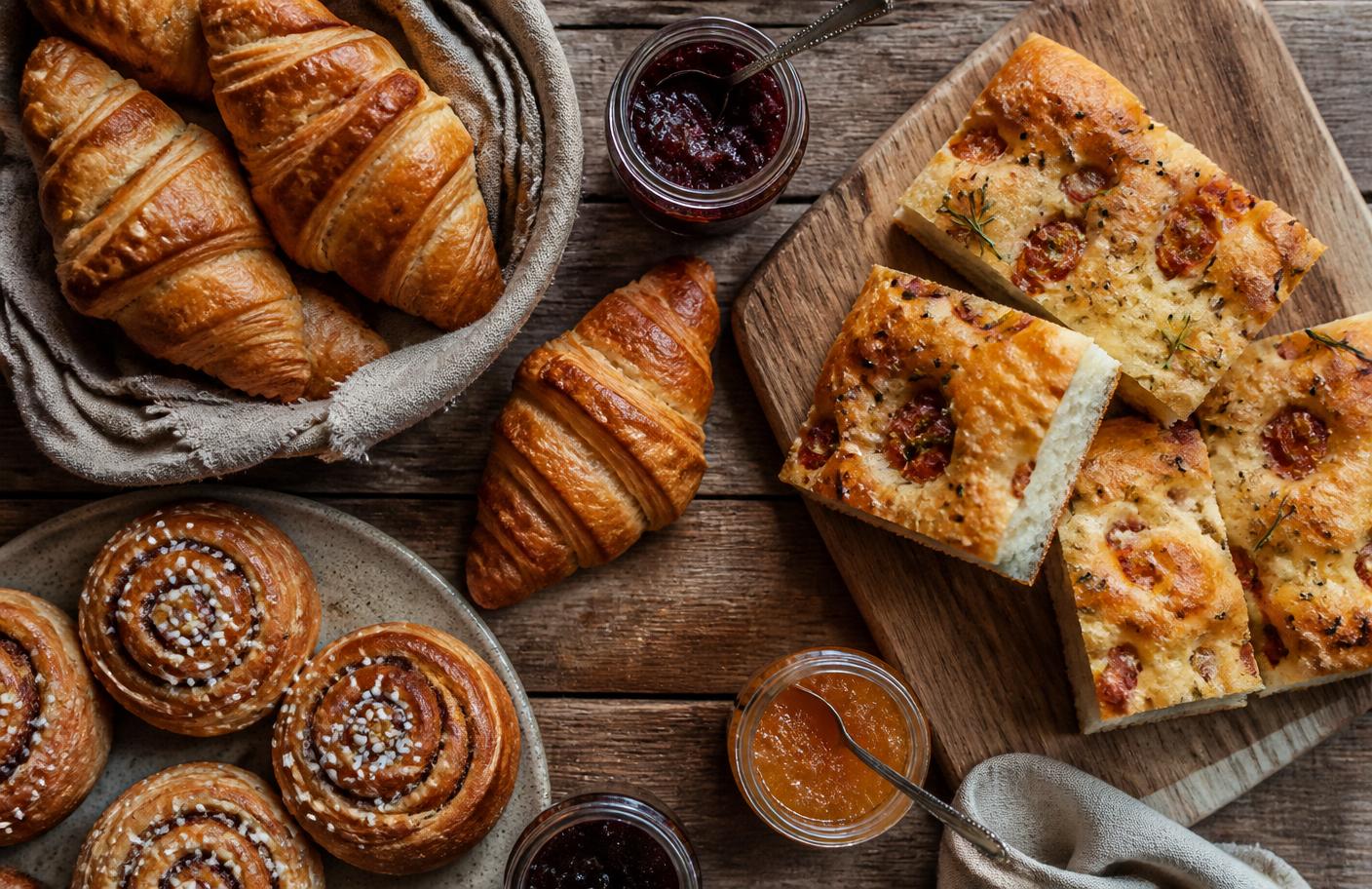 Mesa com croissants, focaccia, rolls e geleias da Quintal da Lulu