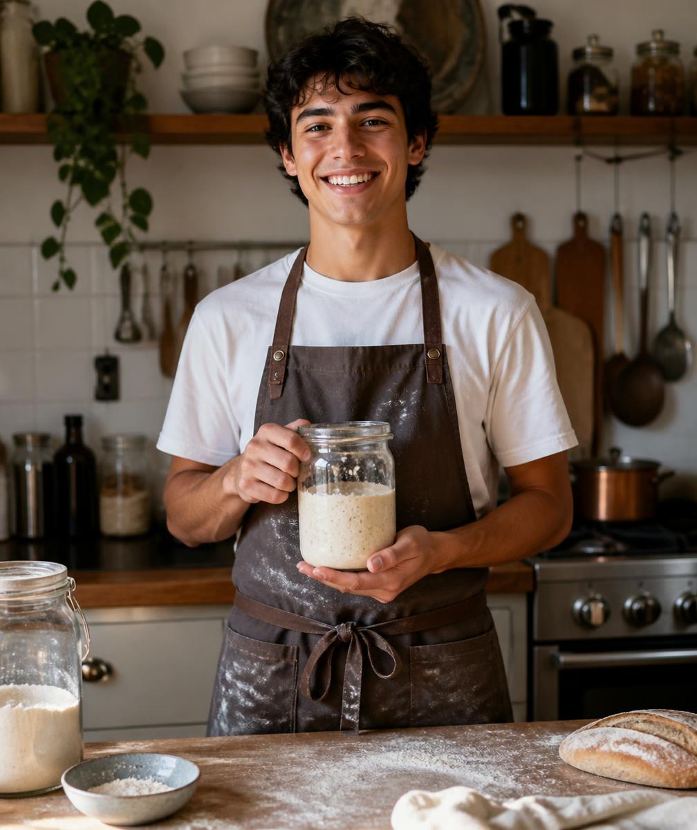 Pedro segurando o pote de fermento natural da casa